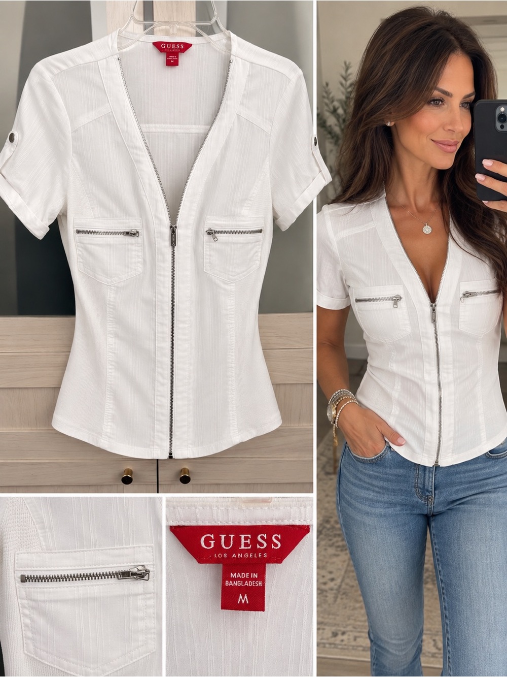 Guess White Short-Sleeve Zip-Front Fitted Button-Down Shirt